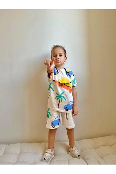 Jolly Kids طقم شورت للأولاد بطبعة سيارة بيضاء