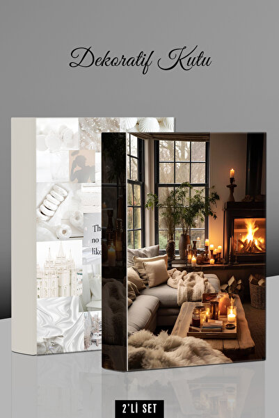 yhfoto 2 Adet Dekoratif Kutu - Sof ve Şömine Tasarımlı Kitap Kutu - Book box