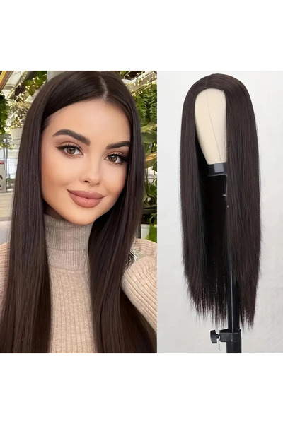AKOLİFE Kahverengi Düz Perçemsiz Peruk - Gerçek Saç Dokusu