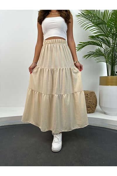 Elif Özbey Butik Ecru Layered Linen Skirt