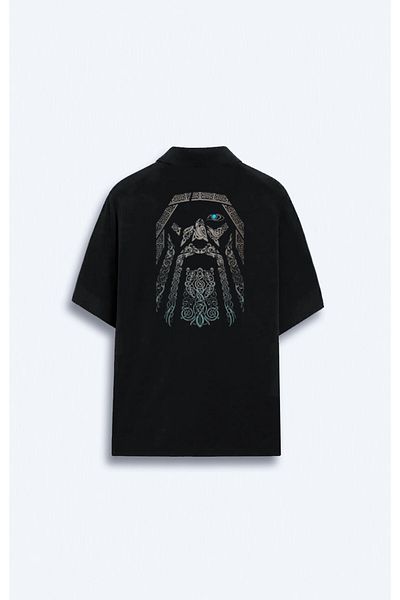Darkia Tricou negru pentru bărbați, supradimensionat, cu guler polo cu imprimeu God Odin