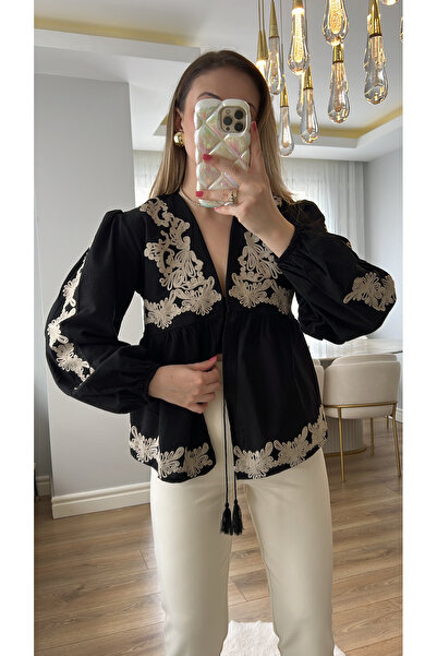 Narferita Coco Dantel İşlemeli Özel Tasarım Siyah Gömlek