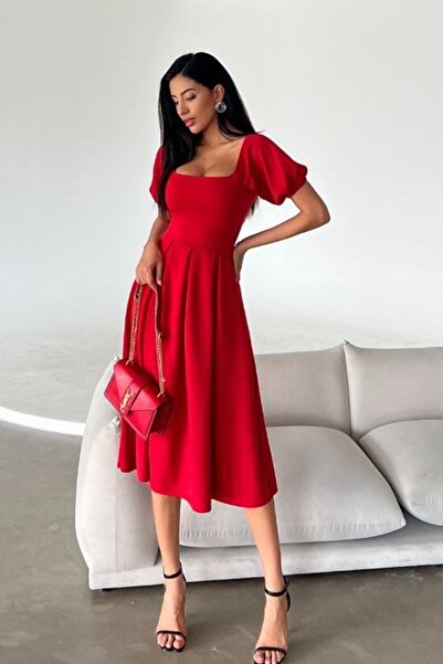 lovebox Kadın Esnek Dalgıç Kumaş Kare Yaka Balon Kol Tasarım Kırmızı Midi Abiye Elbise 582613