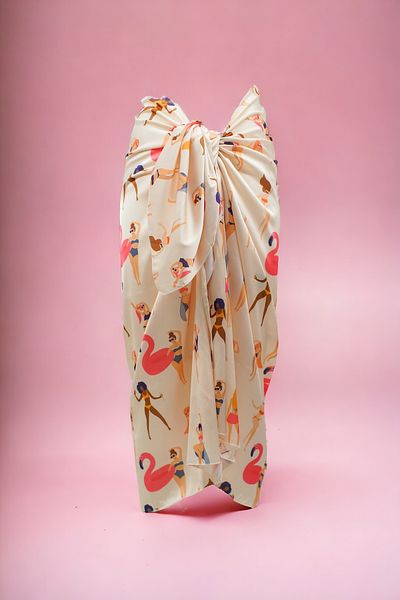 pistore Cream Dancing Girls Flamingo Print Long Pareo Satin Women's Beach Dress New Season