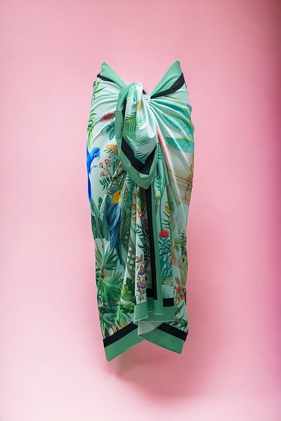 pistore New Season Nile Green Satin Beach Dress - Bird Print, Long Pareo