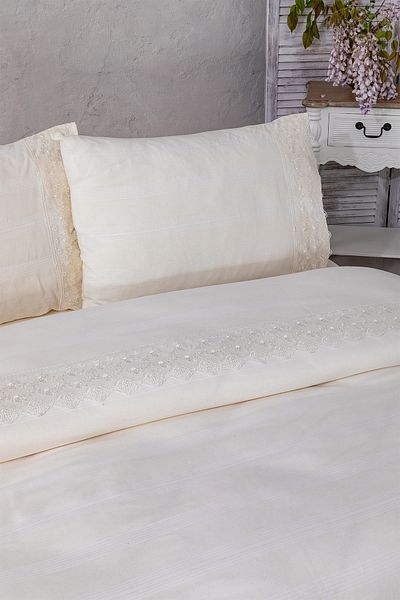 EtkiModa Κρεμ Vintage 100% βαμβακερό κεντημένο σετ διπλό σεντόνια παπλωματοθήκη