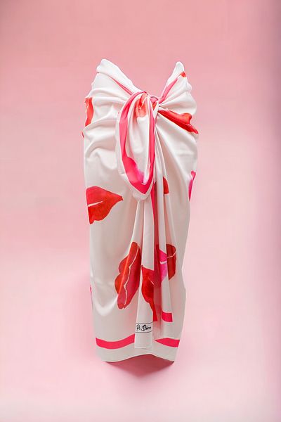 pistore New Season - White Satin Women's Beach Dress, Big Lip and Panel Print Long Pareo