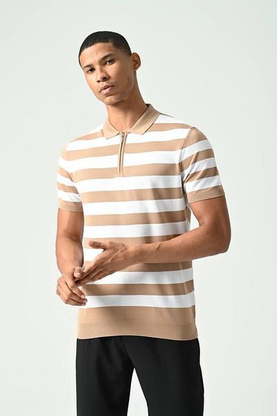 İLKCET MODA Ριγέ Slim Fit Knitwear T-Shirt - Γιακάς με φερμουάρ