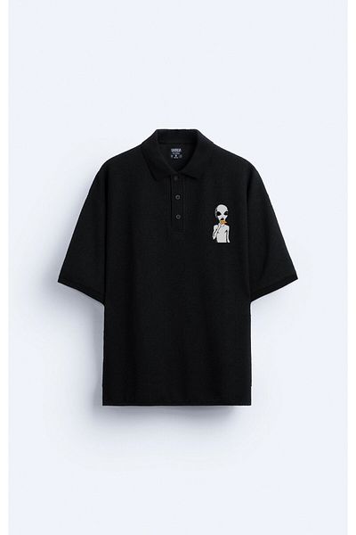 Darkia Ανδρικό υπερμεγέθη μαύρο μπλουζάκι - Alien Alien Printed, Polo Collar, Διπλής Όψης