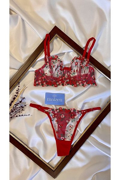 MAİZEN Women's Underwire Gathering Embroidery Floral Lace Bra Set