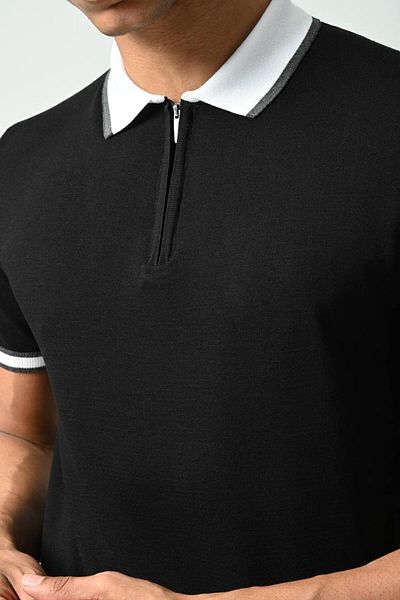 İLKCET MODA Πλεκτό T-Shirt Slim Fit - Λεπτομέρεια γιακά με φερμουάρ