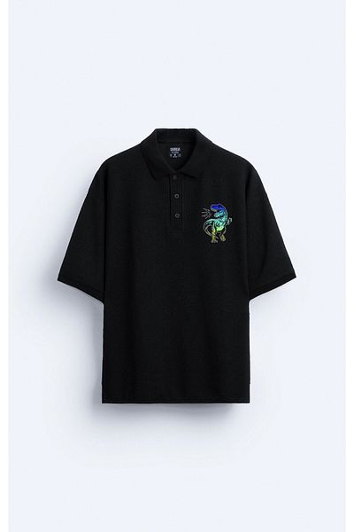 Darkia Tricou negru pentru bărbați, cu guler polo, cu imprimeu Dinosaur T Rex