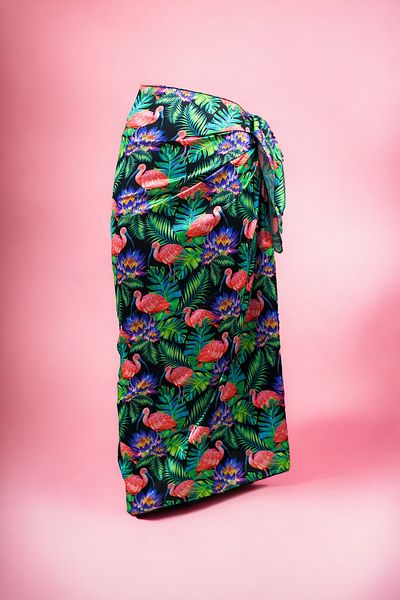 pistore Satin Women's Beach Dress - Monstera and Flamingo Print, Long Pareo, New Season