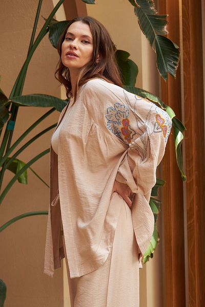 FEMELLE Jachetă kimono supradimensionată, de damă, bej, mărime standard, cu broderie de flori cu paiete
