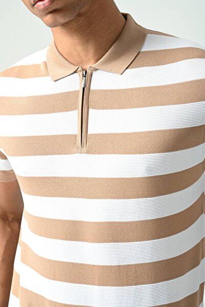 İLKCET MODA Ριγέ Slim Fit Knitwear T-Shirt - Γιακάς με φερμουάρ