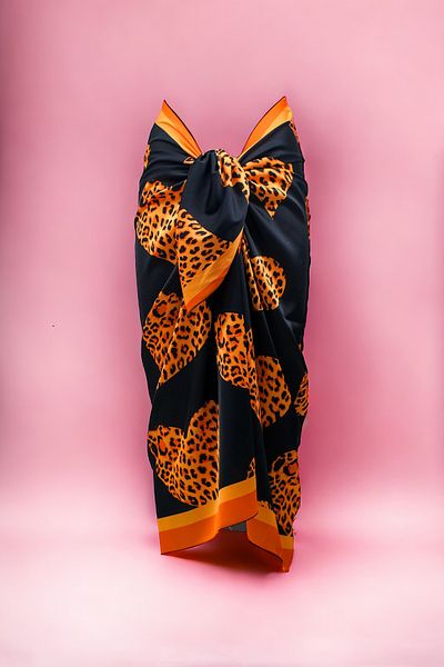 pistore Satin Women's Beach Dress - Black Leopard Heart Pattern, Long Pareo, New Season