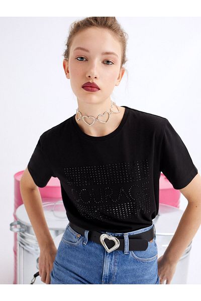 Colin's Regular Fit Crew Neck Printed Black Women's Short Sleeve T-Shirt Cl 1068433