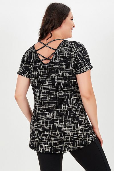Curvy Trend Back Cross Short Sleeve Patterned Blouse