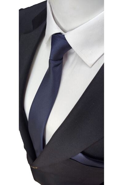 Elegante Cravatte Siyah Lacivert Gümüş Gri Renk 3'lü Armürlü Kravat Ve Mendil Set