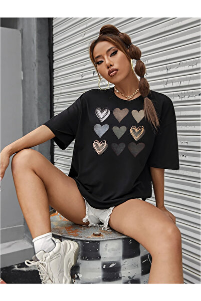 mw memowear Unisex Heart Printed Μαύρο T-shirt