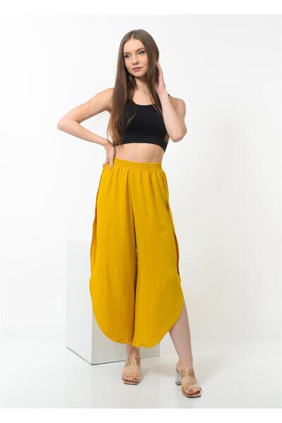 Nuseel Kadın Yanı Yırtmaçlı Şalvar Pantolon Sarı Renk