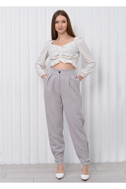 Nuseel Women's Gray Pants with High Waist and Cuffs