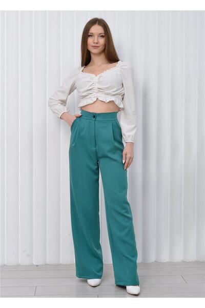 Nuseel بنطلون بالازو نسائي عالي الخصر باللون الأزرق البترولي