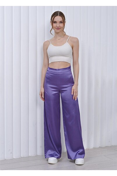 Nuseel Pantaloni Palazzo din satin cu talie înaltă pentru femei, liliac