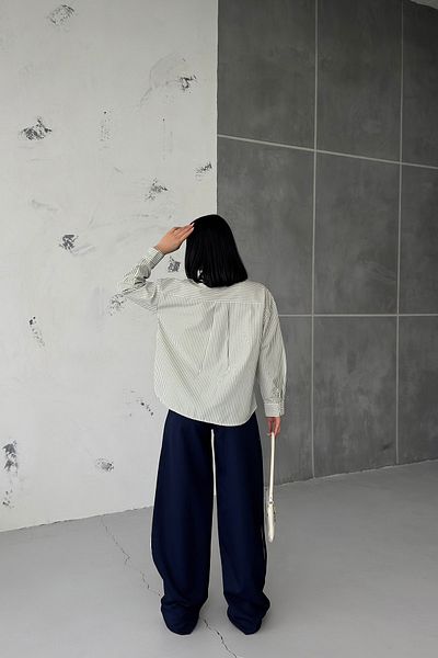 OUZ Fashion Women's Striped Poplin Shirt Side Garnished Trousers Set