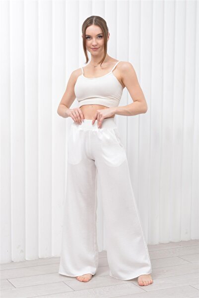 Nuseel Women's Linen Elastic Waist Pocket Trousers White