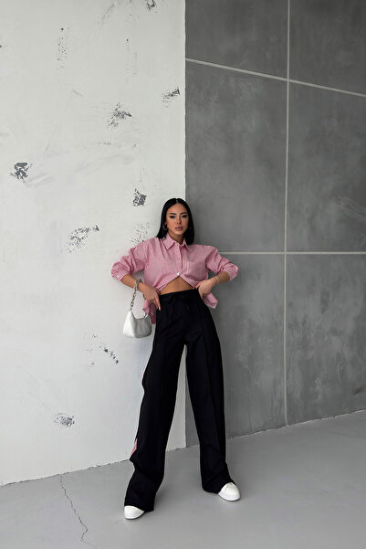 OUZ Fashion Women's Striped Poplin Shirt Side Garnished Trousers Set