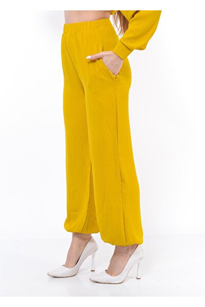 Nuseel بنطلون شالوار نسائي بخصر مطاطي باللون الأصفر الخردلي