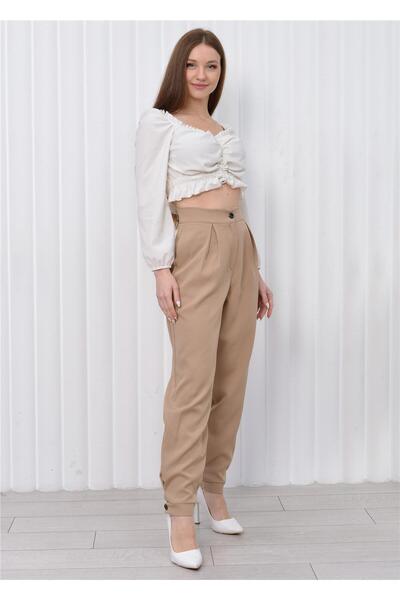 Nuseel Women's Cuff Leg High Waist Trousers Tan