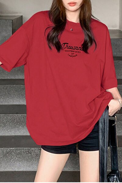 MODAGEN Unisex Red Crew Neck Thousand Printed Oversize T-Shirt
