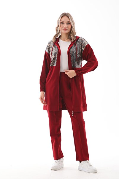 WestBound Women's Sequin Detailed Double Sports Tracksuit Set Claret Red