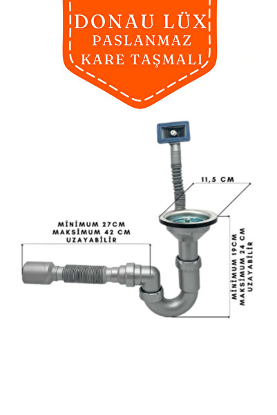 KOLDOOR Donau Lüx Gri Çöpmak Paslanmaz Kare Taşmalı Körüklü Eviye Sifonu Teka...