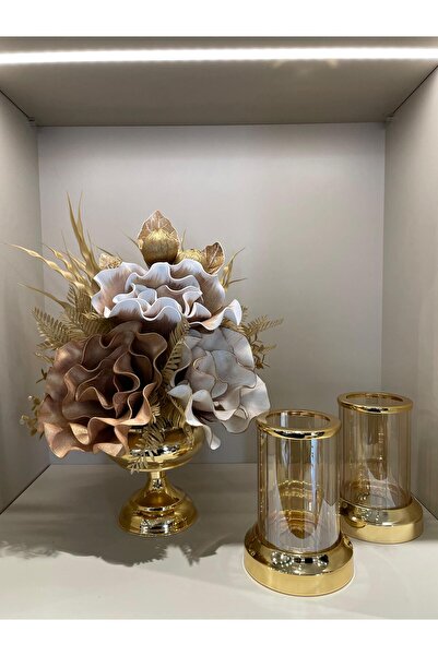 TASARIMHMODA Yapay Çiçekli 3 Parça Set Gold No:2