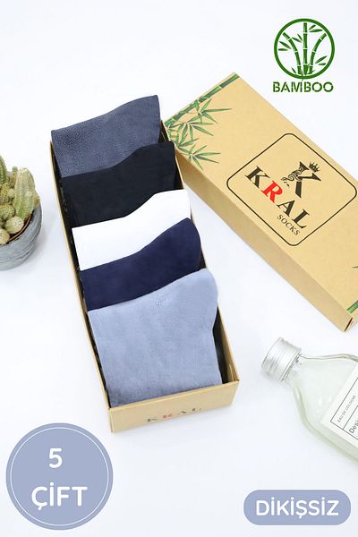 KRAL SOCKS Мъжки бамбукови чорапи с обикновен модел (5 чифта) в кутия, безшевни, деликатно тъкани къси чорапи