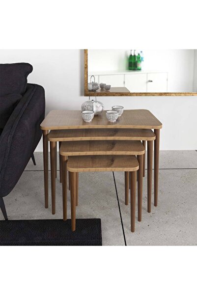 Enda Home Erendiz 5li Ahşap Ayaklı Orta Sehpa ve Zigon Sehpa Seti XL Ceviz