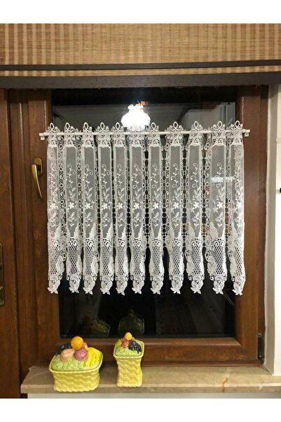 VANESSA PERDE Mutfak Tülü Grek Zemin Üzerine Yoğun Aplik İşleme Briz Çubuğuna Uyumlu Tül Perde