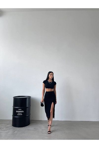 LB Laluna Butik Set bluză crop și fustă cu fante pentru damă