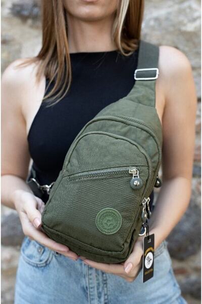 tuldar Geantă de damă din țesătură șifonată kaki pentru piept și umăr