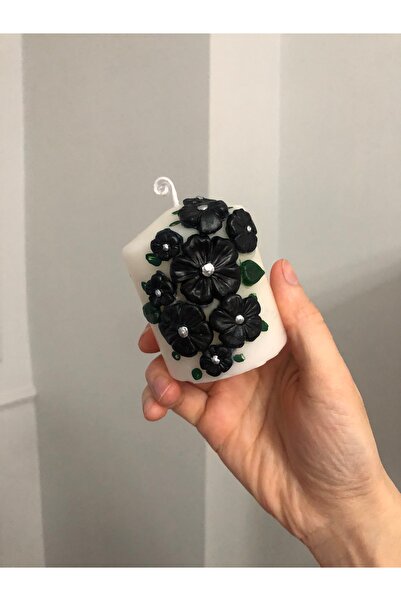 Elif Design Kabartmalı çiçek desenli blok mum / siyah mum / kabartmalı çiçekl...
