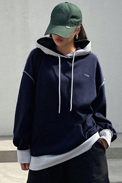 MODAGEN Unisex Navy Blue-Grey Hooded Back Dream Printed Oversize Sweatshirt