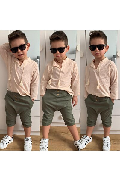 Moon طقم علوي وشورت مخطط باللون الأخضر