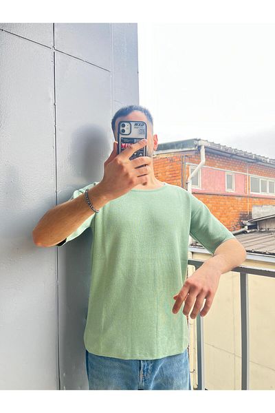 Tarz Cool Ανδρικό πλεκτό μπλουζάκι Oversize - Φαρδύ γιακά
