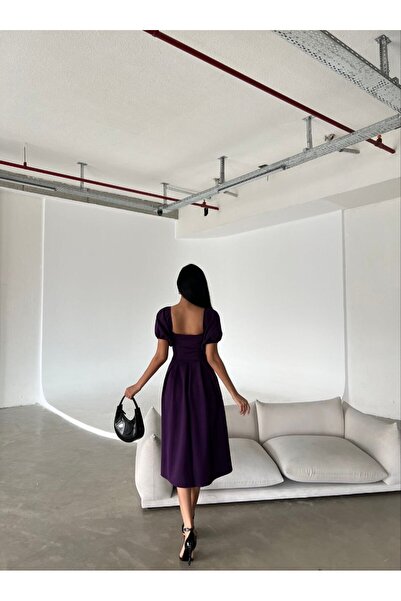 vuvutasarım Women's Stretchy Diver Fabric Square Neck Balloon Sleeve Design Black Midi Evening Dress582613