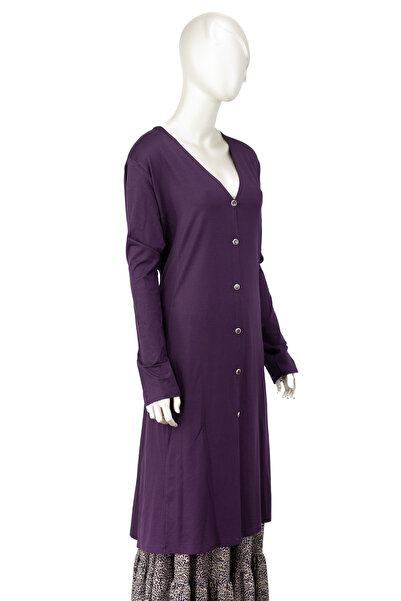 Oppland Kadın Turlu Viskon Penye Kumaş  Anne Uzun Hırka V Yaka Düğmeli Cepli Rahat Kesim Tam Kalıp