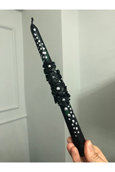 Elif Design Siyah kabartmalı çiçek detaylı el yapımı kokulu şamdan mumu