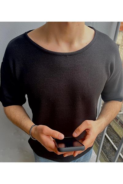 Tarz Cool Ανδρικό πλεκτό μπλουζάκι Oversize - Φαρδύ γιακά
